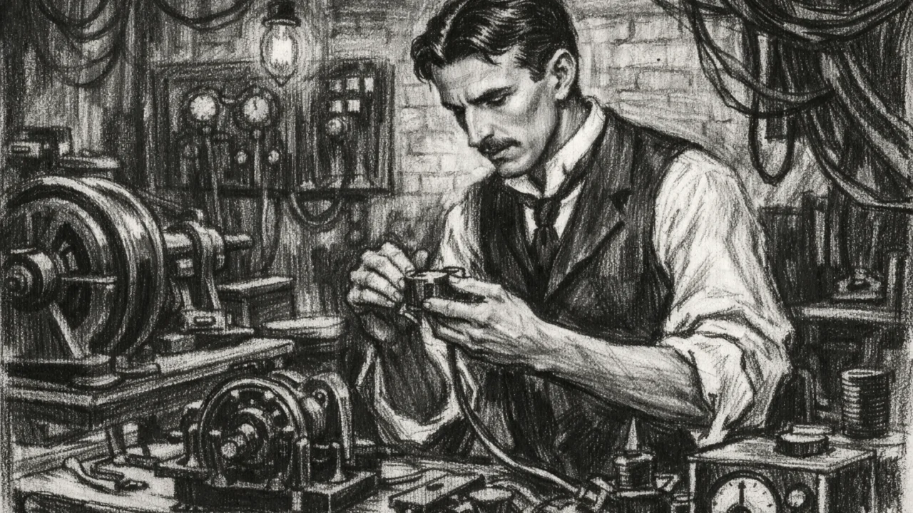 Nikola Tesla u Americi tijekom rada na električnim sustavima u ugalj stilu, crno-bijeli prikaz.