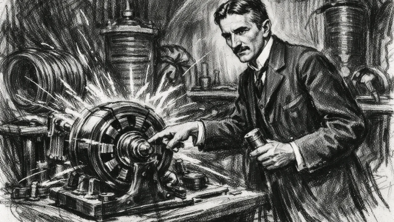 Nikola Tesla u laboratoriju s izmjeničnom strujom prikazan u ugalj stilu, crno-bijeli crtež snažne ekspresije.