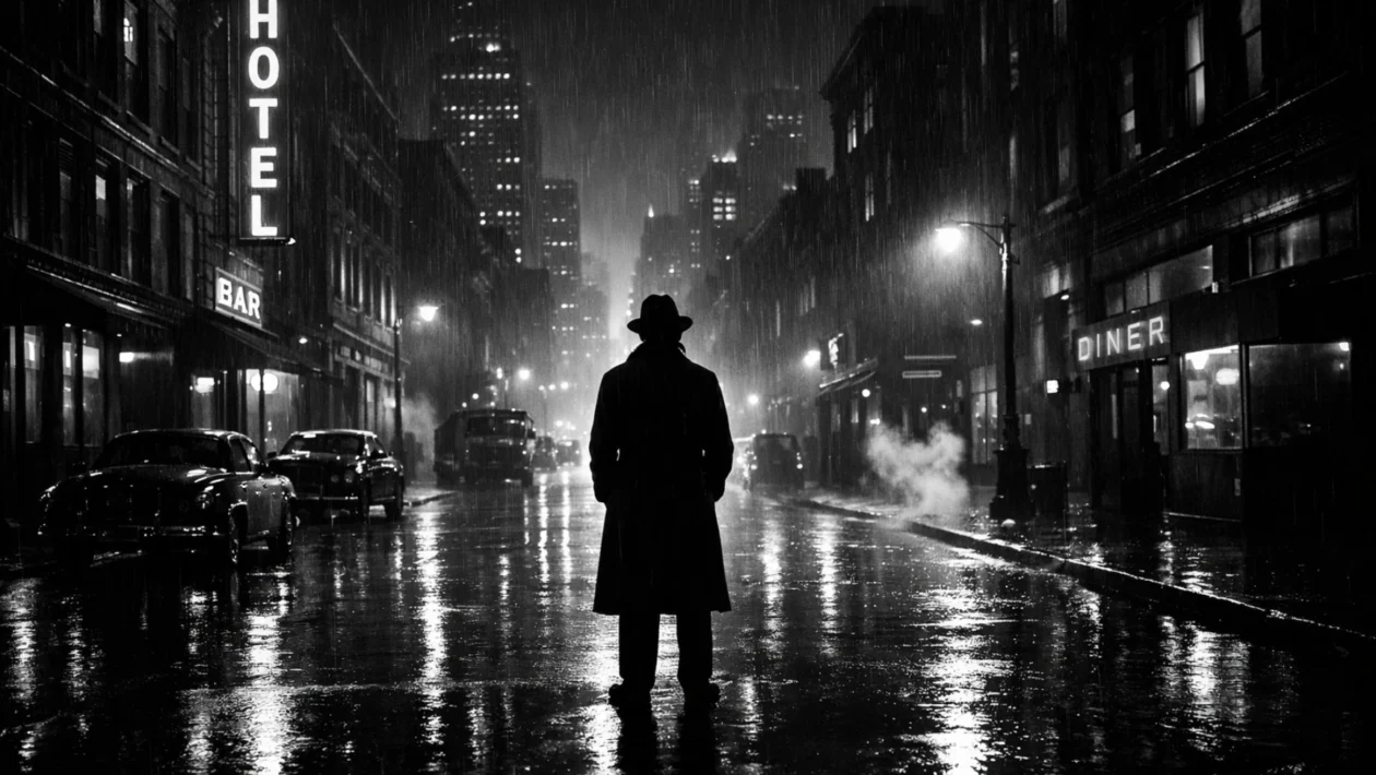 Noir i neo noir atmosfera: mračan gradski pejzaž s kišnim ulicama, snažan kontrast svjetla i sjene, simbol moralne nesigurnosti