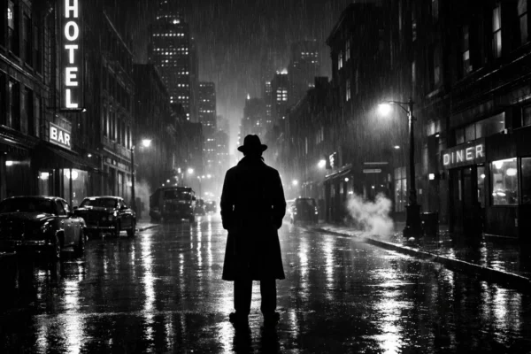 Noir i neo noir atmosfera: mračan gradski pejzaž s kišnim ulicama, snažan kontrast svjetla i sjene, simbol moralne nesigurnosti