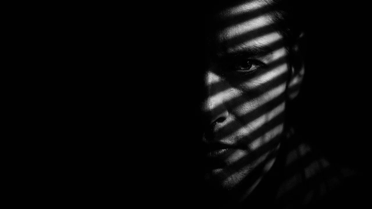 Klasični noir vizualni stil s jakim kontrastom svjetla i sjene, lice lika napola u tami koje odražava unutarnji konflikt