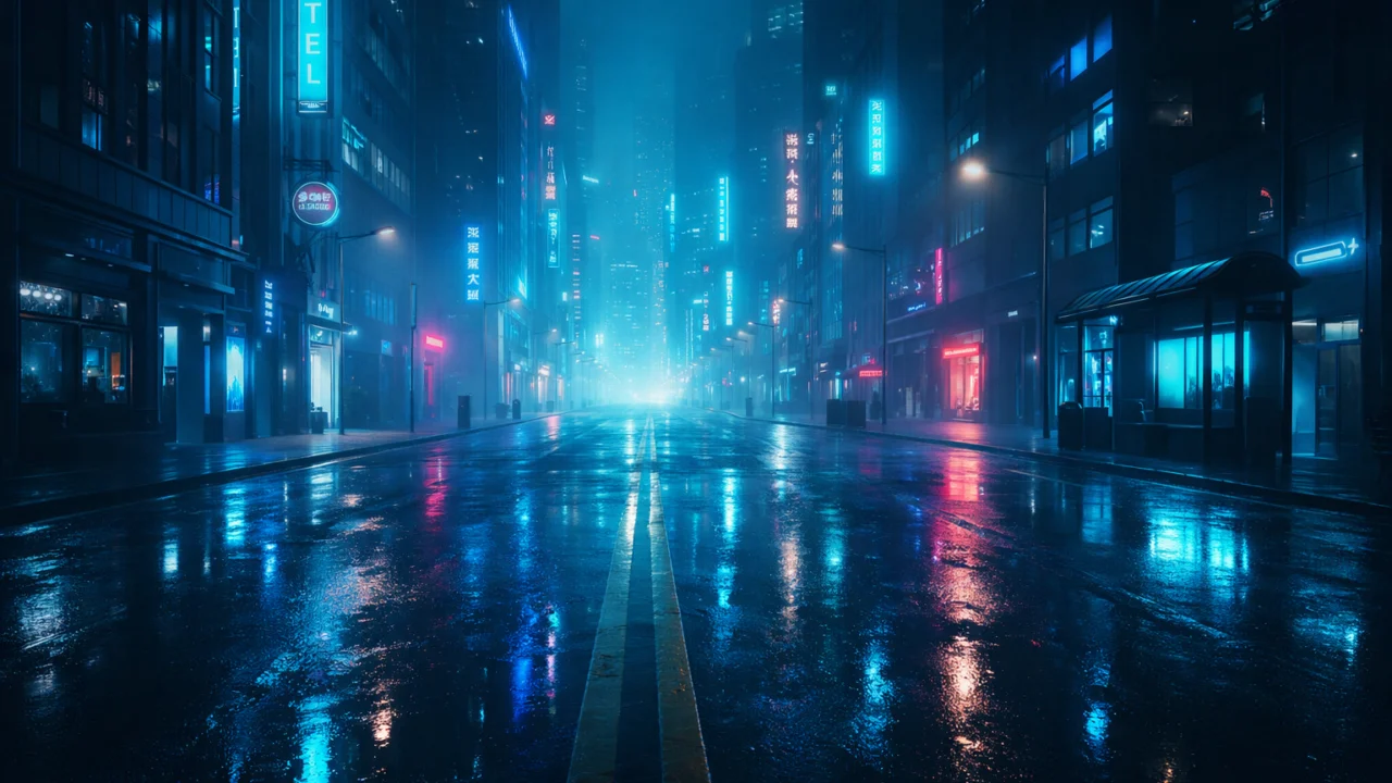 Neo noir vizualni potpis s neonima i hladnim bojama, futuristički grad kao simbol otuđenja i moderne moralne tame