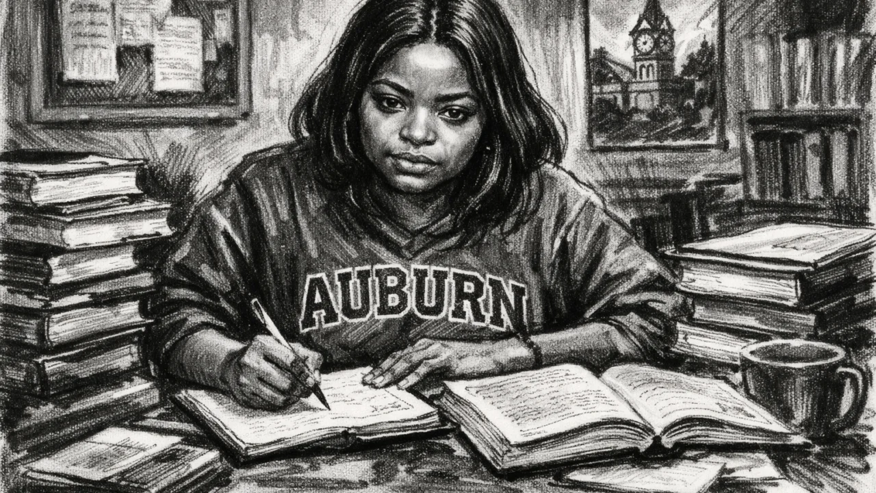 Octavia Spencer tijekom studija na Auburnu u ugalj stilu, crno-bijela scena s knjigama i intenzivnim kontrastom