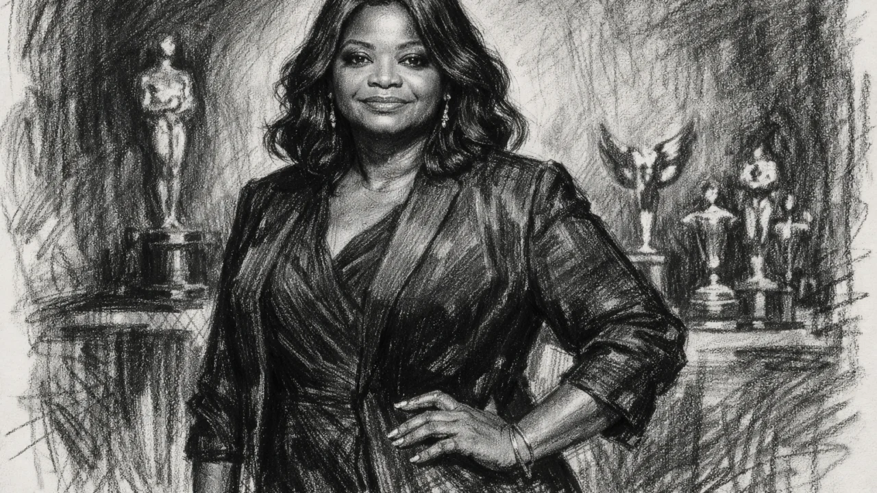 Zrela faza karijere Octavije Spencer u ugalj stilu, crno-bijeli prikaz samouvjerene glumice