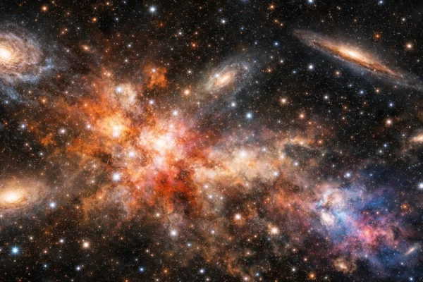 Široki prikaz svemira s galaksijama i zvijezdama koji ilustrira porijeklo kemijskih elemenata u svemiru