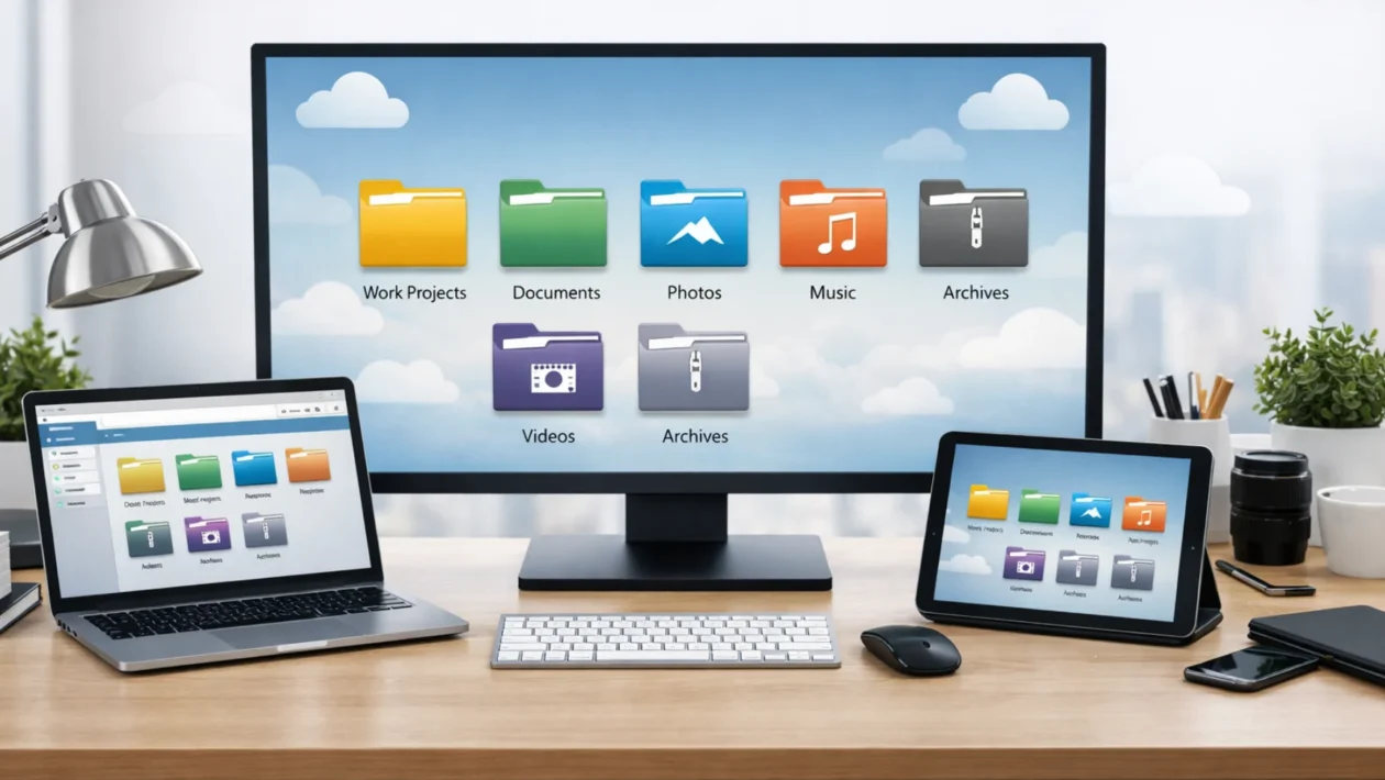 Organizacija digitalnih datoteka prikazana kroz uredan digitalni radni prostor s jasnom strukturom mapa