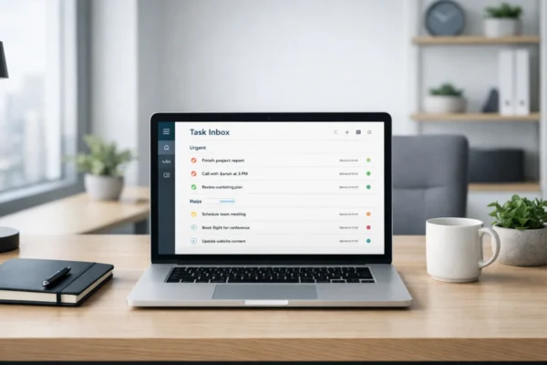 Moderni radni prostor s digitalnom inbox listom zadataka koja simbolizira organizaciju obveza i produktivnost