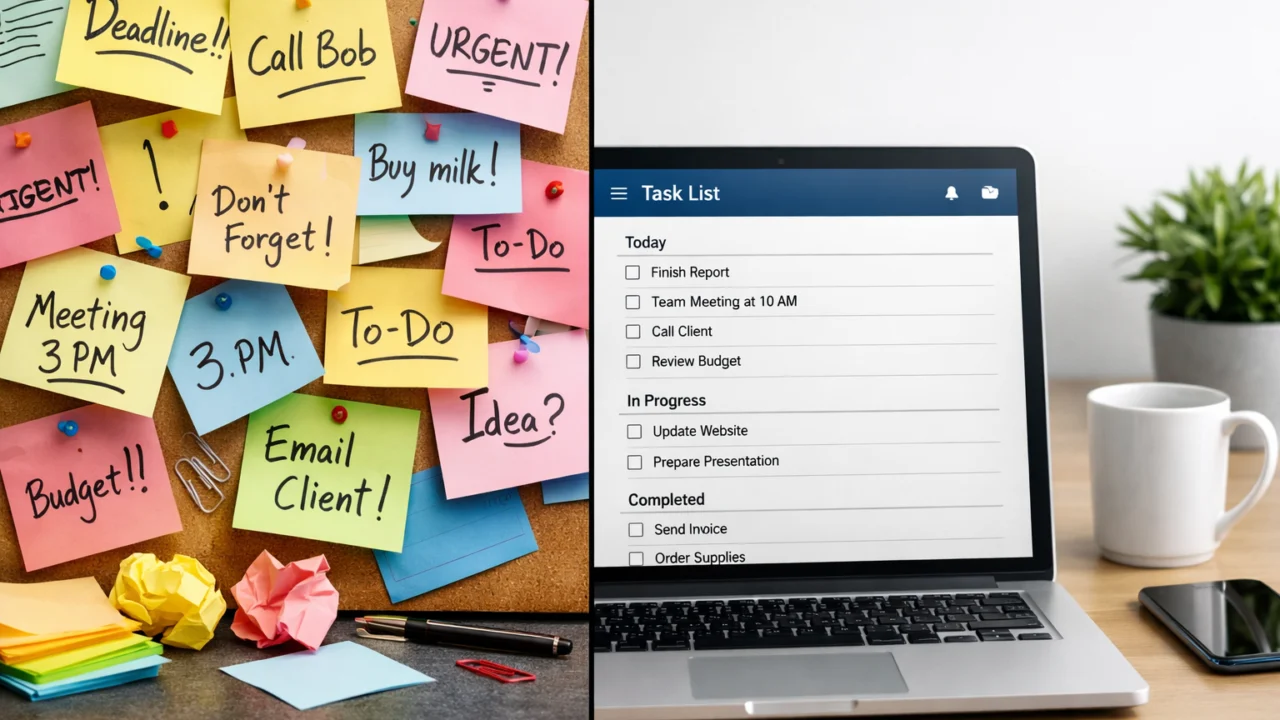 Usporedba neorganiziranih bilješki i strukturirane liste zadataka nakon inbox pregleda