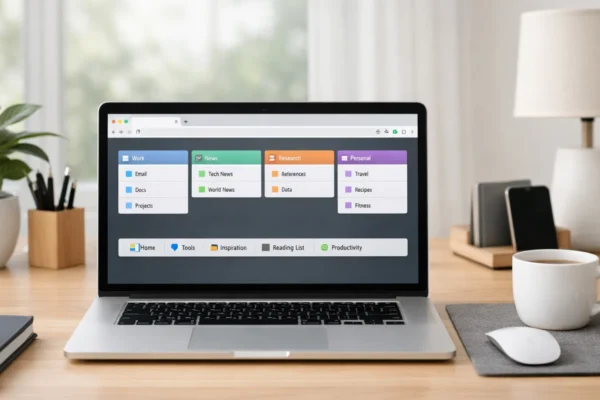 Uredan radni prostor s laptopom i organiziranim karticama preglednika koji simbolizira učinkovito upravljanje karticama i oznakama