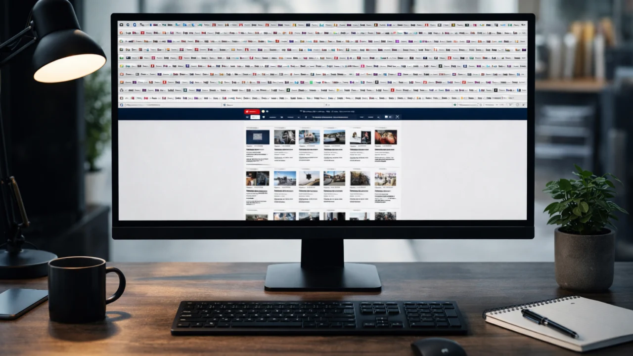 Pretrpan preglednik s velikim brojem otvorenih kartica koji prikazuje digitalni kaos i smanjenu koncentraciju