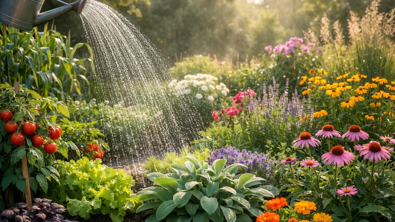 Ispravno zalijevanje biljaka u vrtu ujutro, ravnoteža vlage za zdrav rast i snažno korijenje.