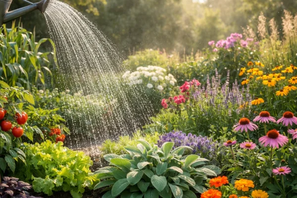 Ispravno zalijevanje biljaka u vrtu ujutro, ravnoteža vlage za zdrav rast i snažno korijenje.