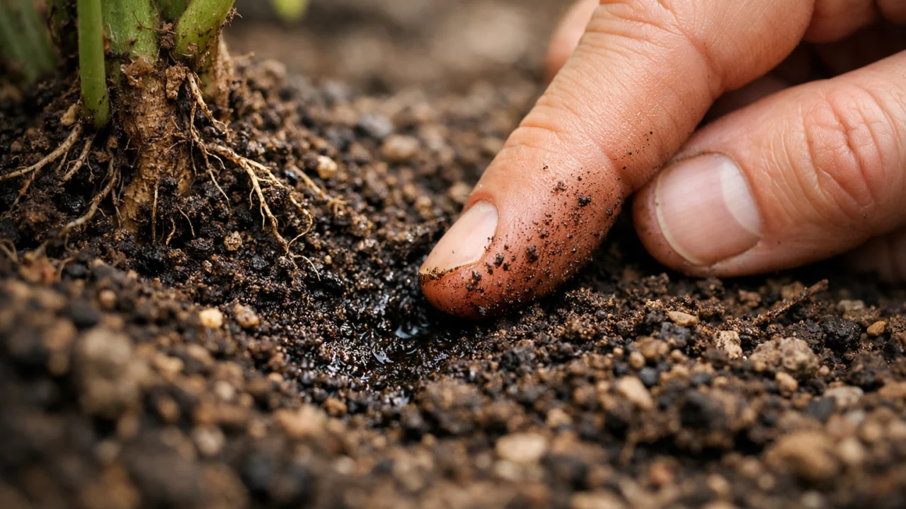 Provjera vlažnosti tla prstom prije zalijevanja biljaka radi sprječavanja prekomjernog zalijevanja.