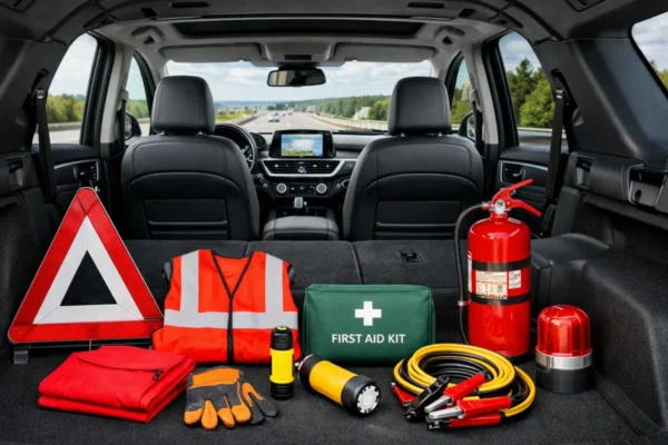 Široki prikaz osnovne opreme u autu za sigurnu vožnju, uključujući prsluk, trokut i prvu pomoć