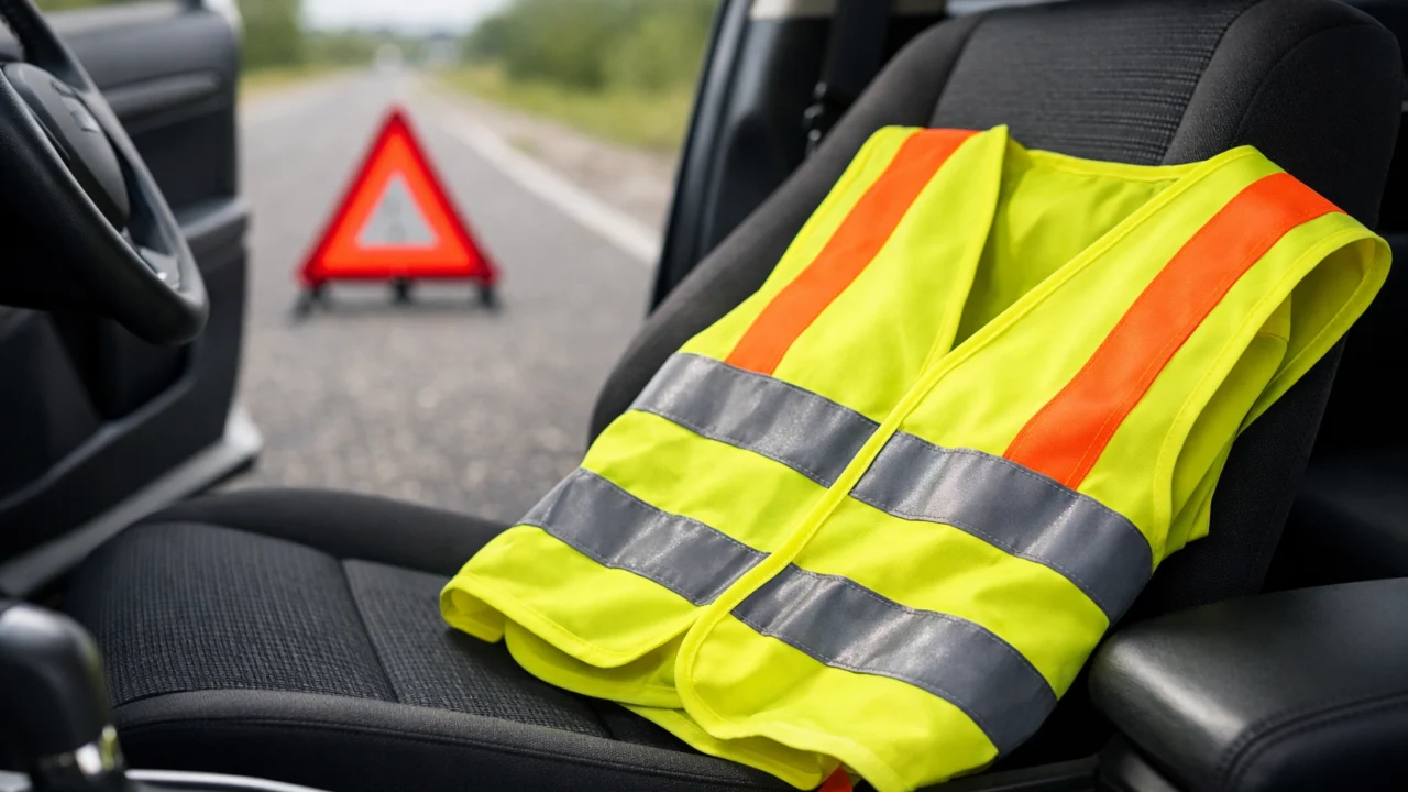 Sigurnosni prsluk i signalni trokut pravilno korišteni tijekom kvara automobila na cesti