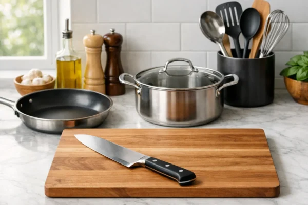 Osnovni kuhinjski alati za svakodnevno kuhanje raspoređeni na modernoj kuhinjskoj radnoj površini