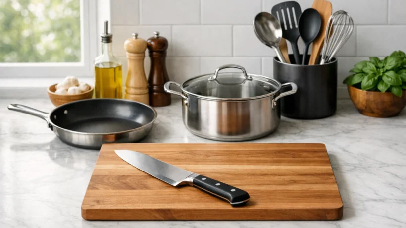 Osnovni kuhinjski alati za svakodnevno kuhanje raspoređeni na modernoj kuhinjskoj radnoj površini