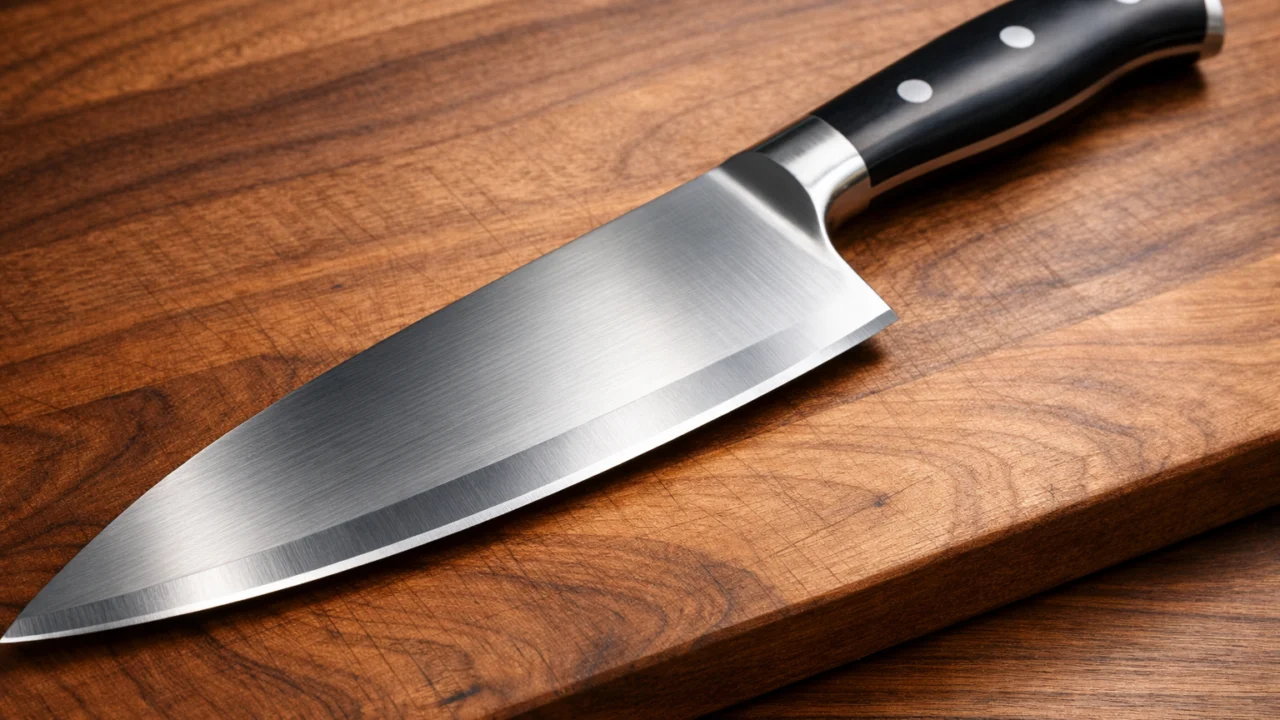 Kvalitetan kuharski nož na drvenoj dasci kao osnovni alat za svakodnevnu pripremu hrane