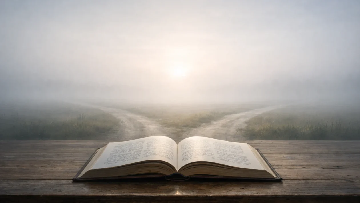 Simboličan prikaz otvorenog završetka u književnosti, knjiga bez jasnog završetka koja potiče tumačenje i razmišljanje