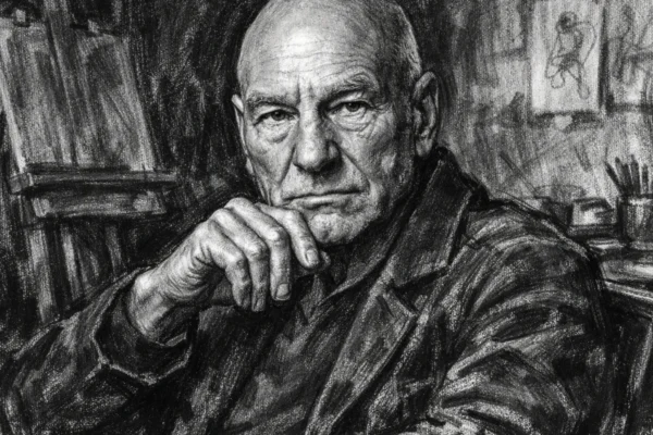 Portret Patricka Stewarta u ugalj stilu, crno-bijeli portret visoke kontrastnosti s naglašenim crtama lica.