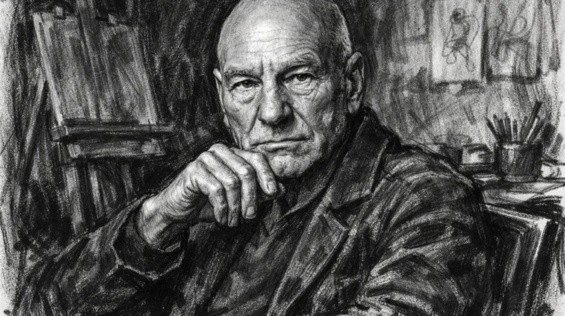 Portret Patricka Stewarta u ugalj stilu, crno-bijeli portret visoke kontrastnosti s naglašenim crtama lica.