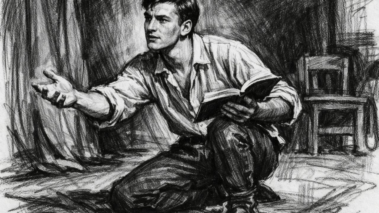 Patrick Stewart kao student glume na kazališnoj pozornici, nacrtan u ugalj stilu.