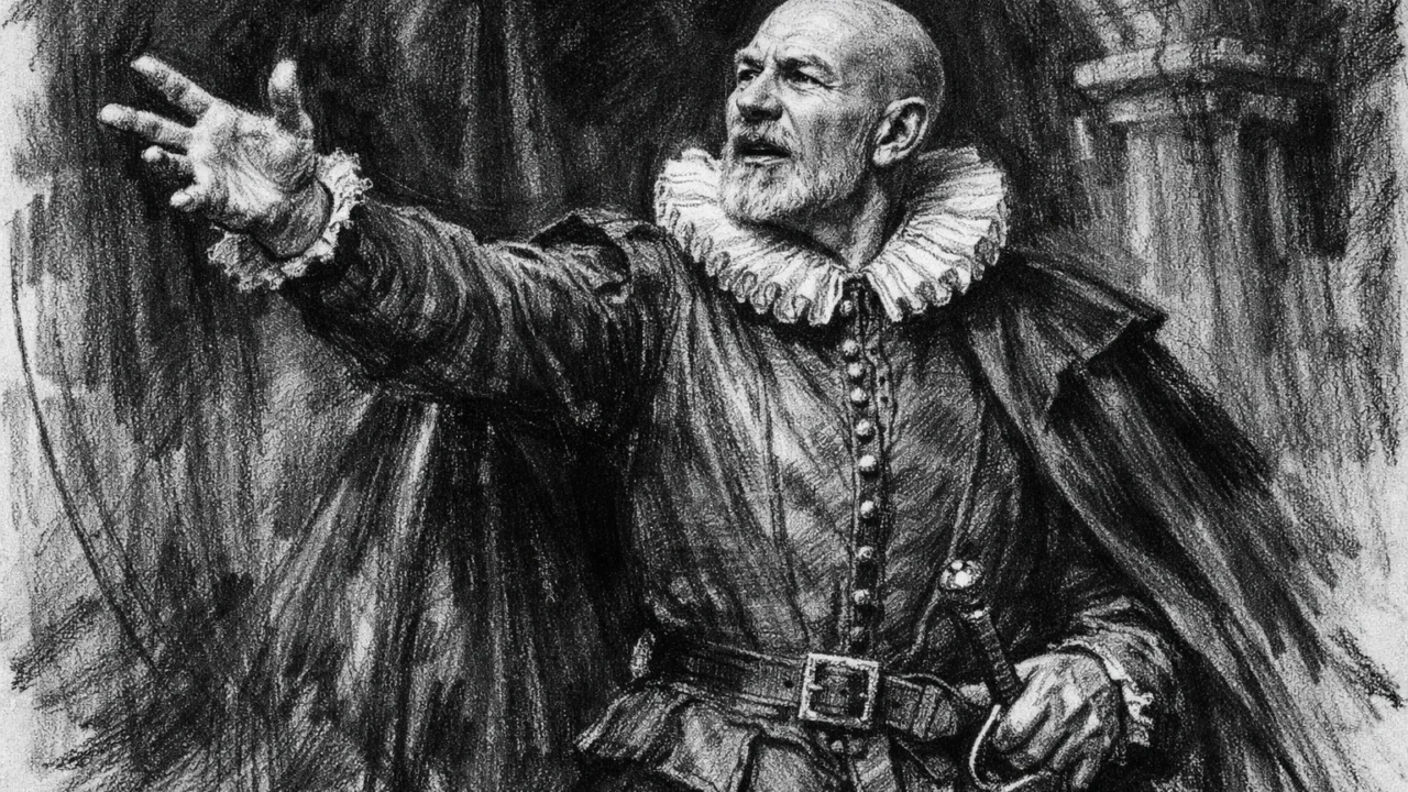 Kazališna scena Patricka Stewarta u Shakespearovoj ulozi, ilustrirana u ugalj stilu.