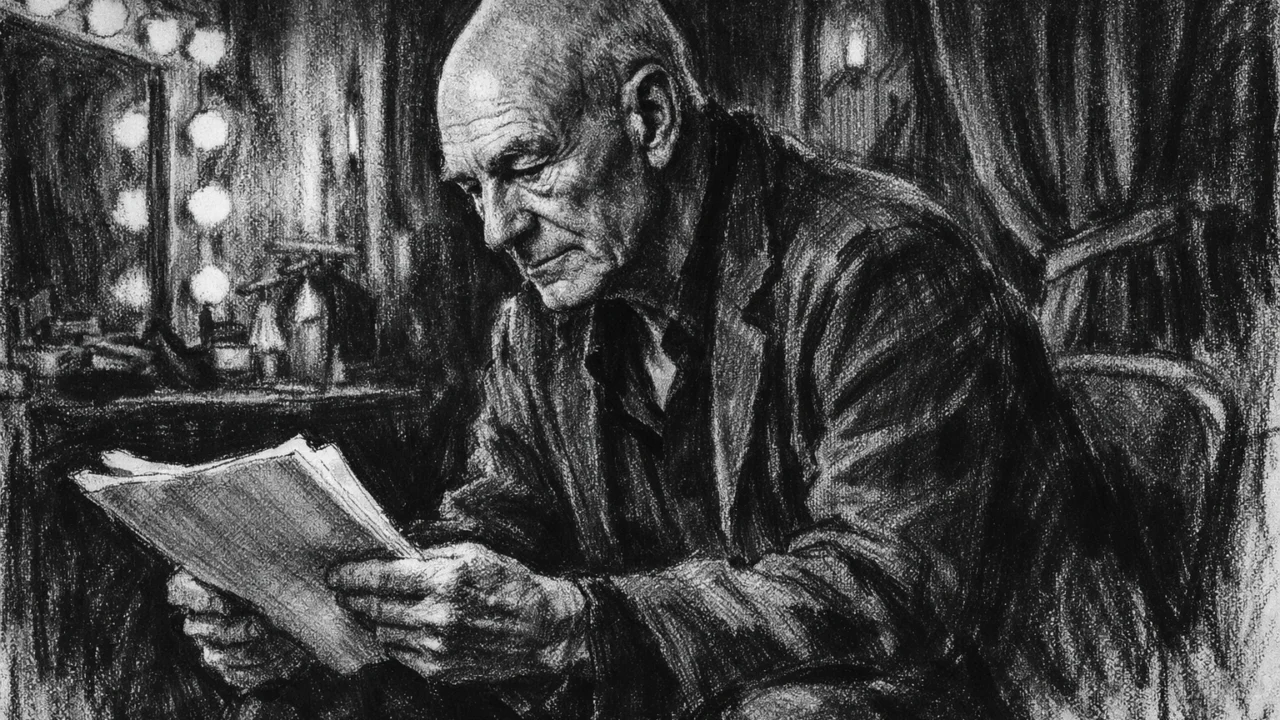 Patrick Stewart iza pozornice u tišini prije nastupa, prikazan u ugalj stilu.