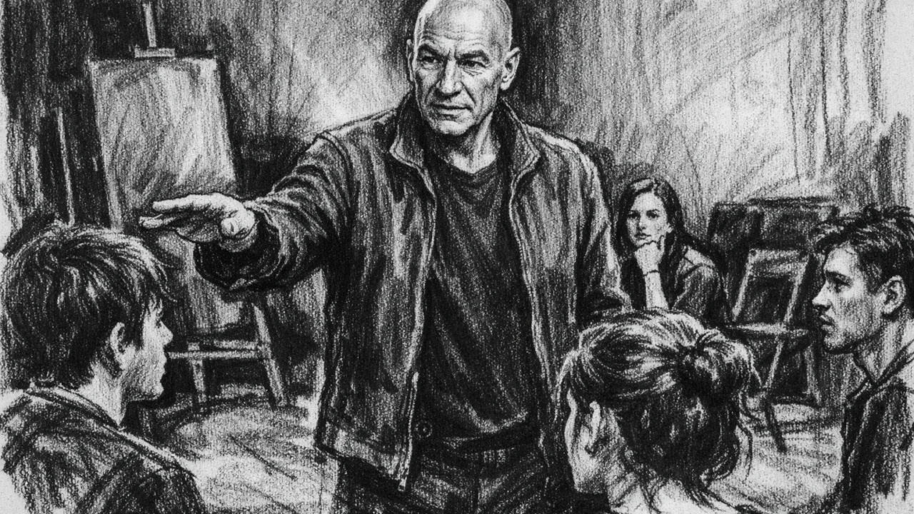 Patrick Stewart kao mentor mladim glumcima tijekom probe, nacrtan u ugalj stilu.