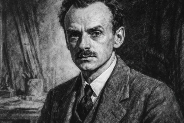 Portret Paula Diraca u ugalj stilu, crno-bijeli prikaz znanstvenika izražajnih linija i visokog kontrasta