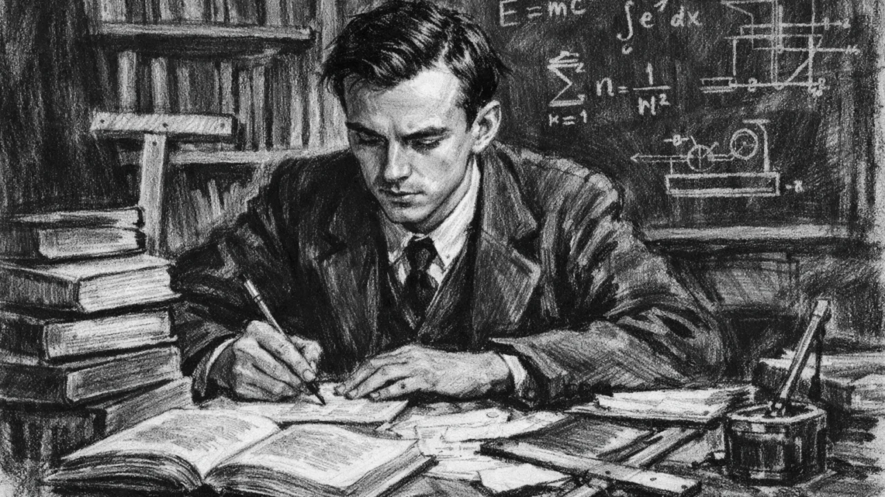 Paul Dirac kao student na Sveučilištu u Bristolu u ugalj stilu, crno-bijela scena obrazovanja