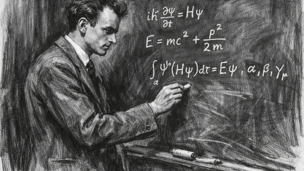 Paul Dirac u Cambridgeu kako zapisuje kvantne jednadžbe, ugalj stil, crno-bijeli prikaz znanstvenog rada