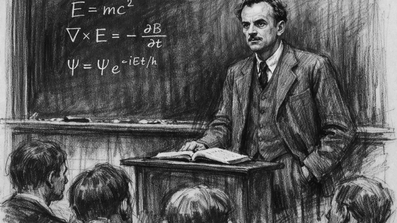 Paul Dirac kao profesor u Cambridgeu, ugalj stil, crno-bijela ilustracija predavanja