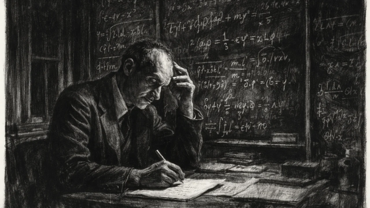 Paul Dirac u samotnom radu okružen formulama, ugalj stil, crno-bijela scena znanstvene kontemplacije