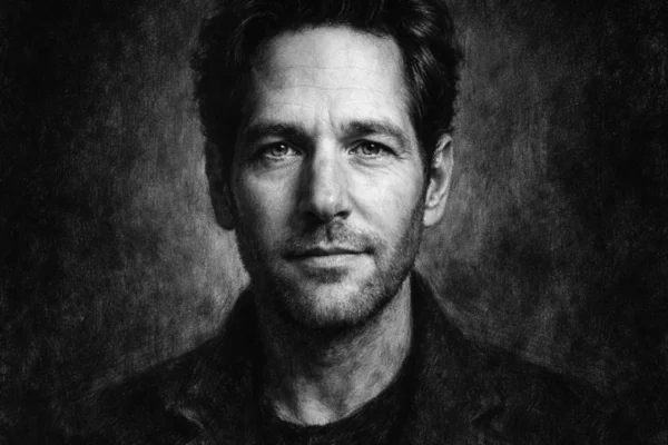 Portret Paula Rudda u ugalj stilu, crno-bijeli crtež s naglašenim kontrastom i prepoznatljivim crtama lica.