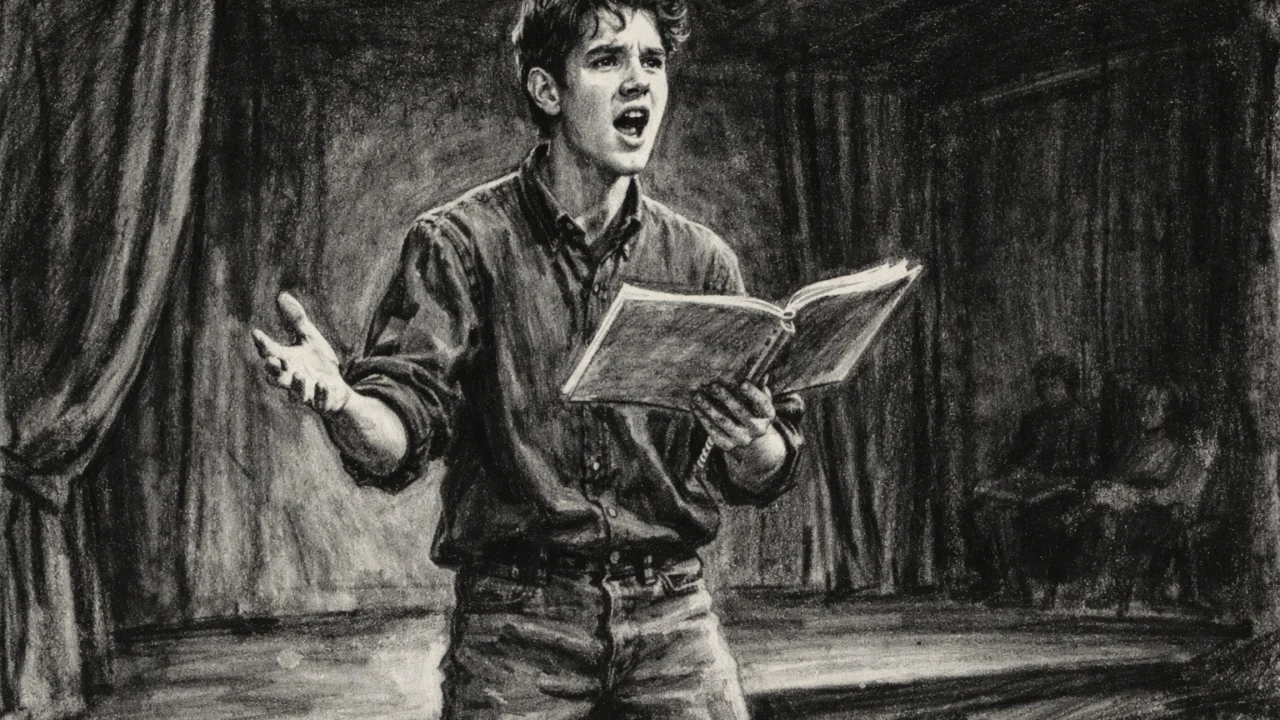 Mladi Paul Rudd na školskoj pozornici, kazališna scena prikazana u ugalj stilu s izražajnim linijama.