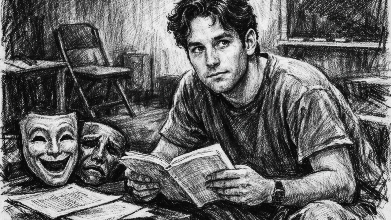Paul Rudd tijekom studentskih dana okružen kazališnim rekvizitima, ilustriran u ugalj stilu.