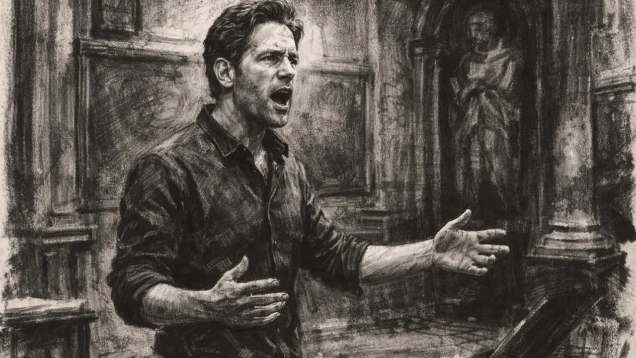 Paul Rudd na glumačkoj radionici u Oxfordu, dramatična scena nacrtana u ugalj stilu.