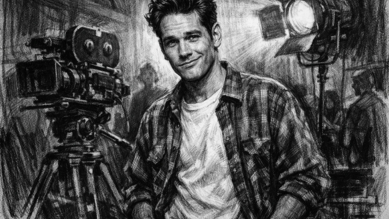 Paul Rudd na filmskom setu tijekom ranog uspjeha, realistično prikazan u ugalj stilu.