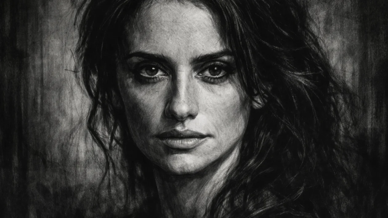 Portret Penélope Cruz u ugalj stilu, crno-bijeli snažni kontrasti i prepoznatljive crte lica