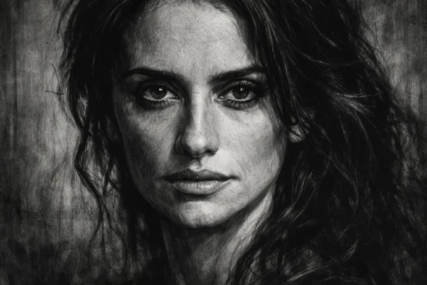 Portret Penélope Cruz u ugalj stilu, crno-bijeli snažni kontrasti i prepoznatljive crte lica