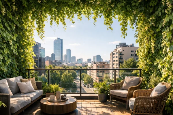 Zeleni balkon s penjačicama koje pružaju prirodnu sjenu i privatnost u modernom gradskom stanu