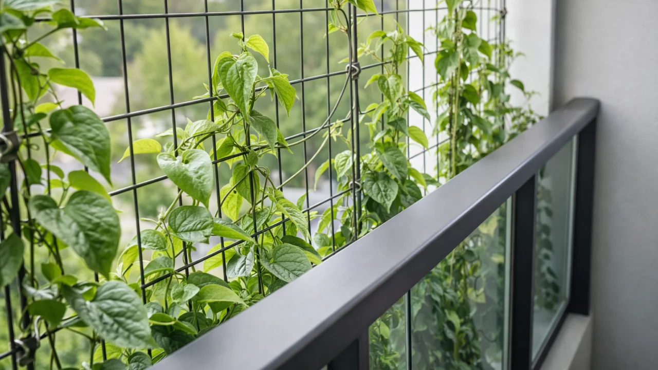 Detalj potpore za penjačice na balkonu s rešetkom i sajlama za stabilan i gust rast biljaka