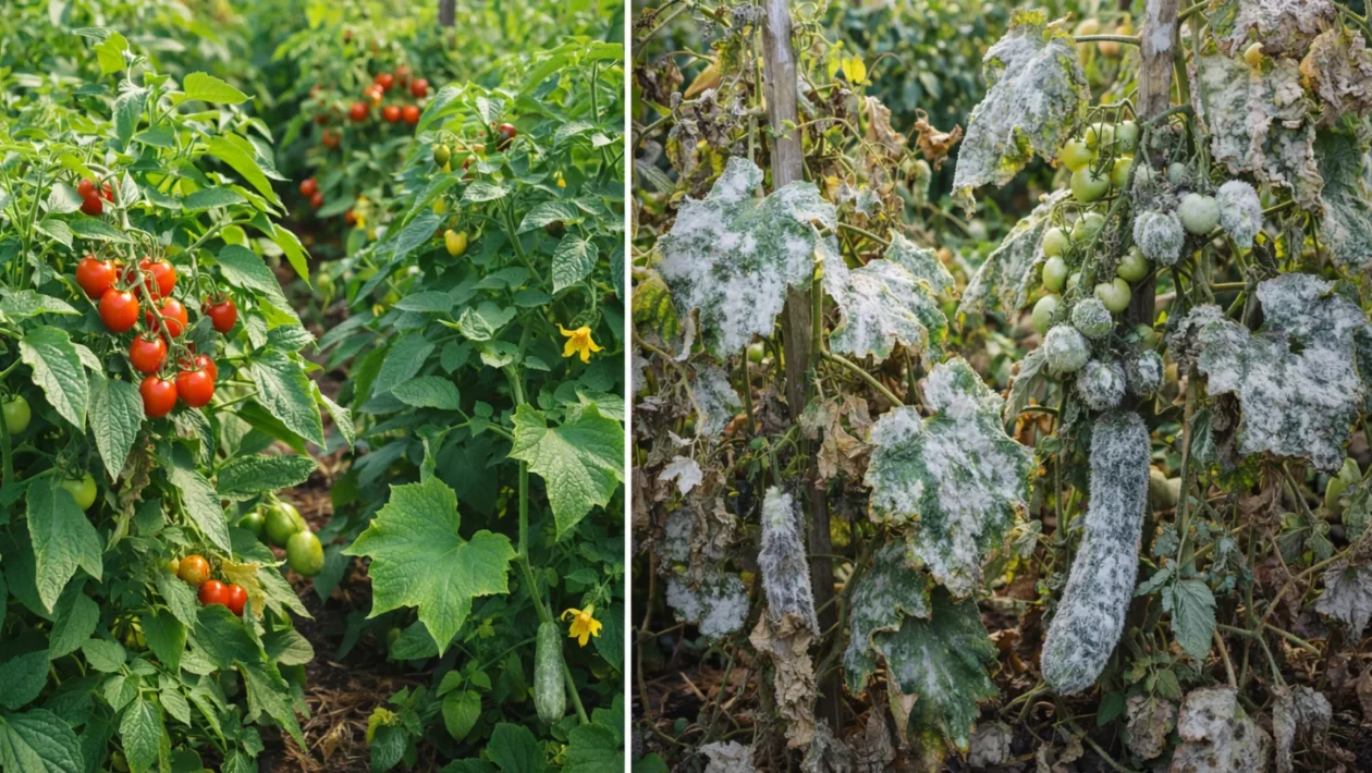 Pepelnica i plijesan na vrtnim biljkama prikazane u usporednom širokom kadru, uzroci i posljedice gljivičnih bolesti