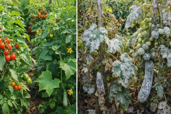 Pepelnica i plijesan na vrtnim biljkama prikazane u usporednom širokom kadru, uzroci i posljedice gljivičnih bolesti