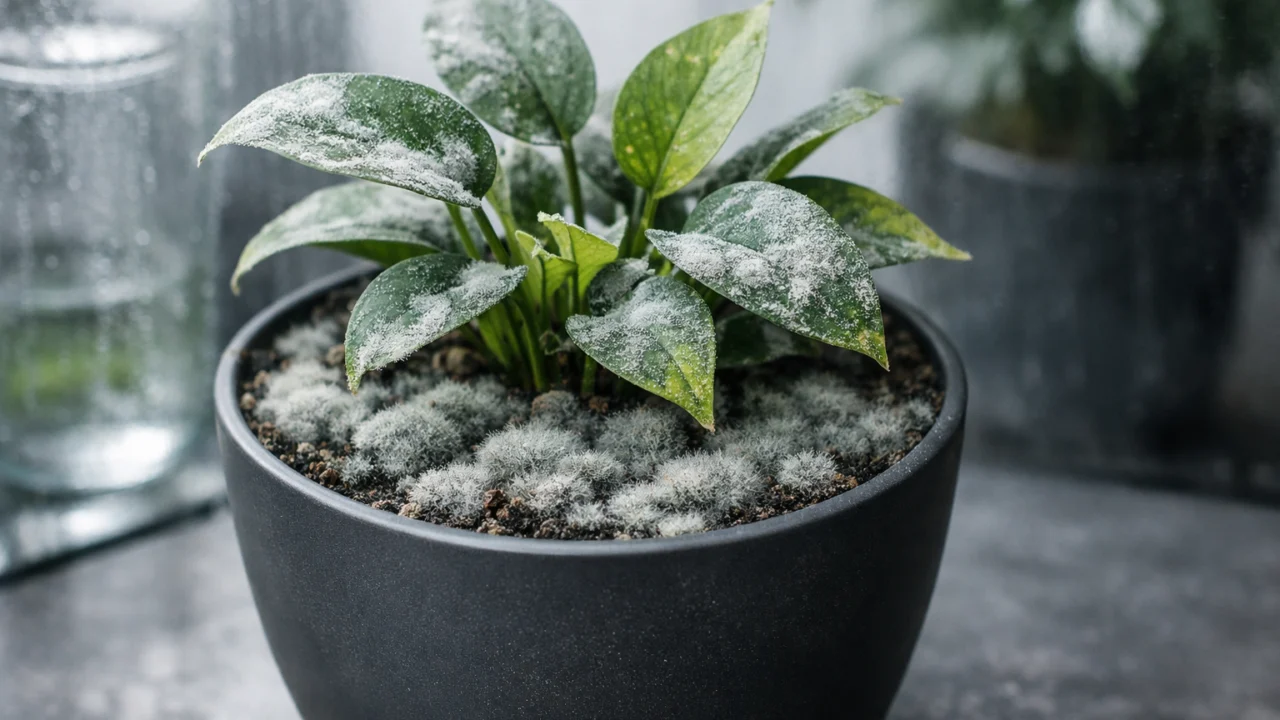 Plijesan na sobnoj biljci i vlažnom tlu, primjer loše mikroklime i prekomjerne vlage u zatvorenom prostoru