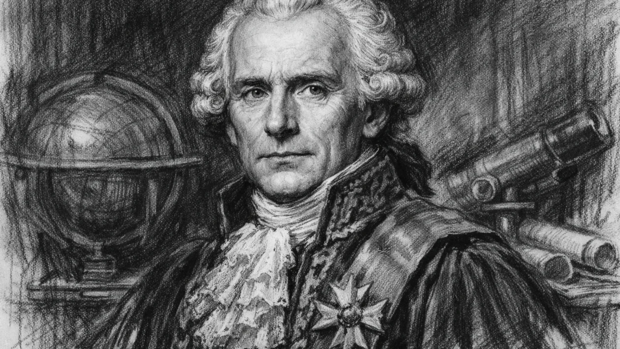 Portret Pierre-Simona Laplacea u realističnom prikazu, nacrtan u ugalj stilu s naglašenim kontrastom i detaljima lica.