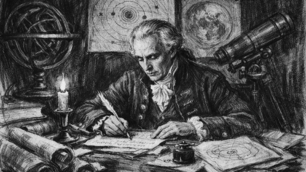Iskusni znanstvenik Pierre-Simon Laplace okružen astronomskim kartama, nacrtan u ugalj stilu.