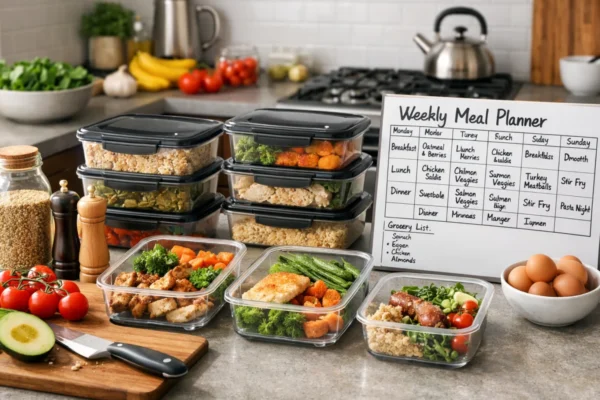 Planiranje obroka unaprijed u modernoj kuhinji s tjednim planerom i pripremljenim obrocima