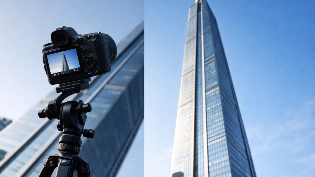 Primjer tilt pokreta kamere prema gore na neboderu, naglašavanje visine i vertikalnog kretanja u videu